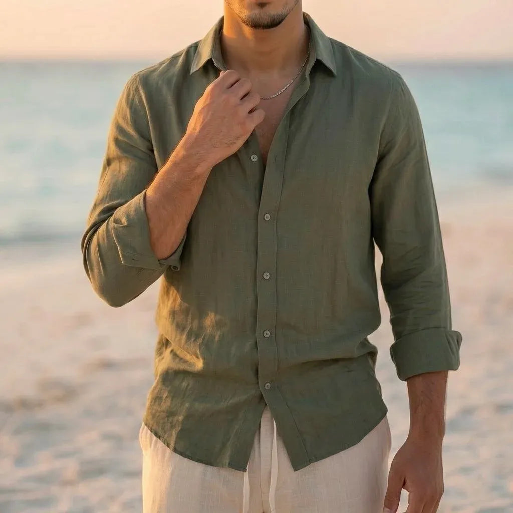 Men's Basic Linen Shirt - Olive