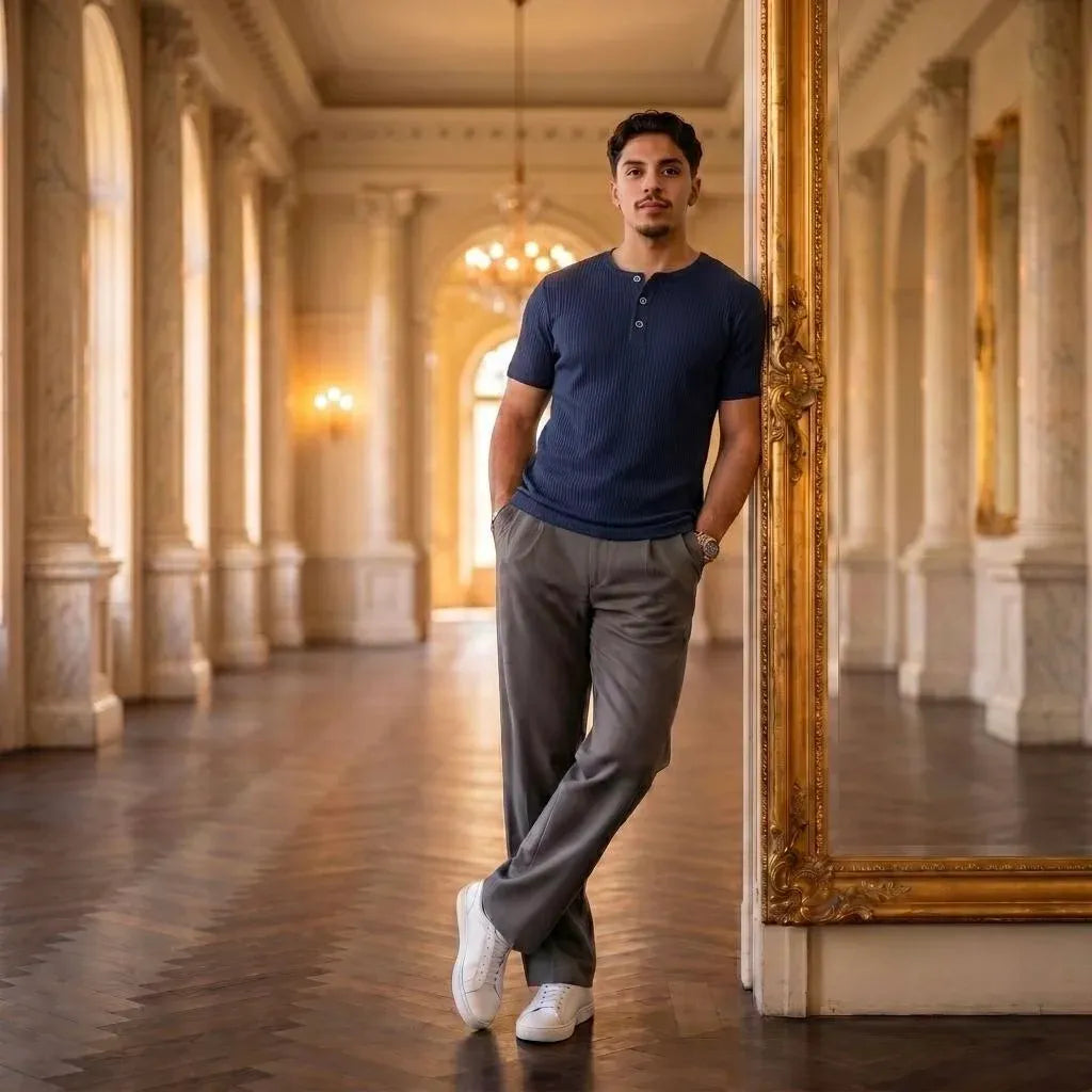 Short Sleeve Henley Shirt - Navy Blue