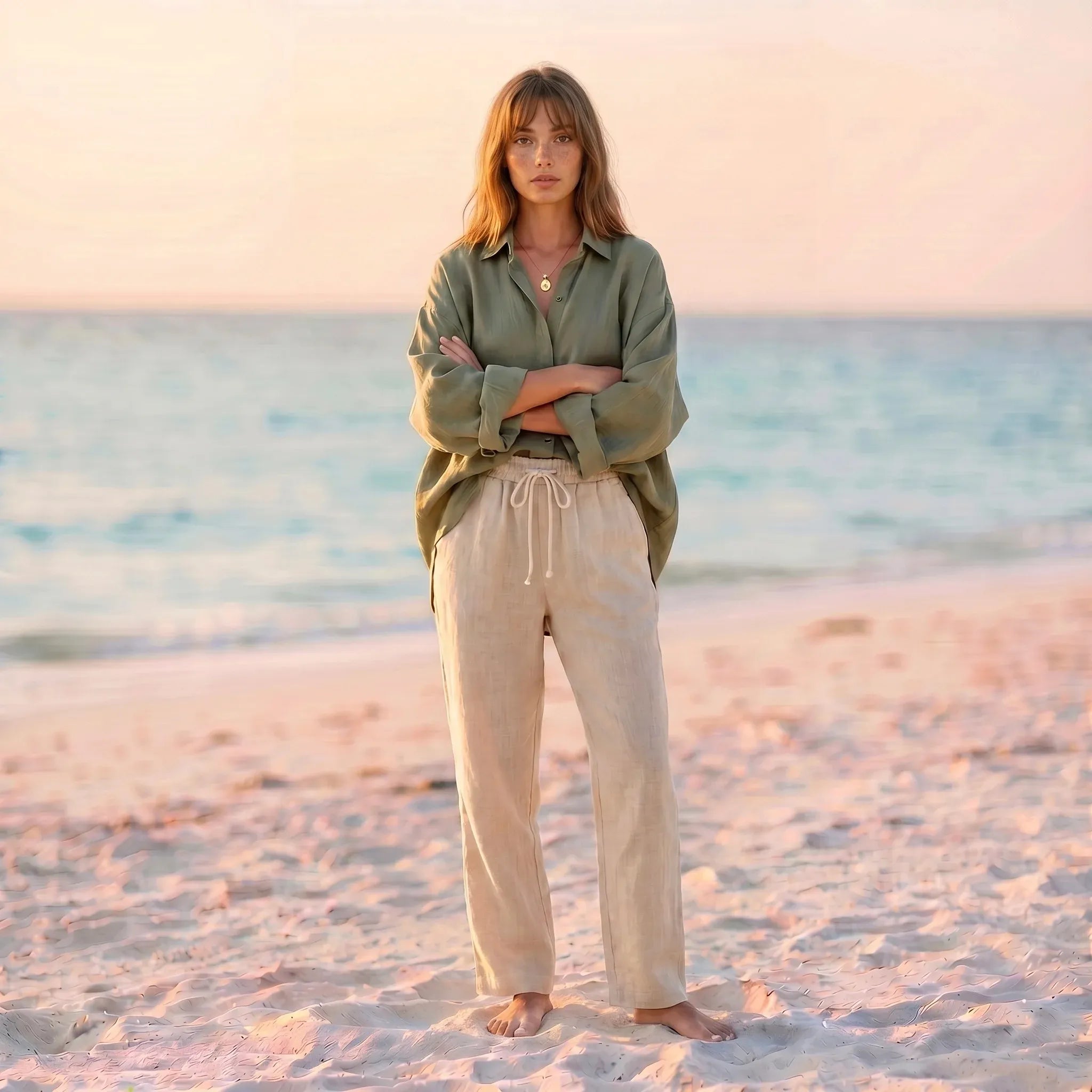Women's Basic Linen Shirt - Olive