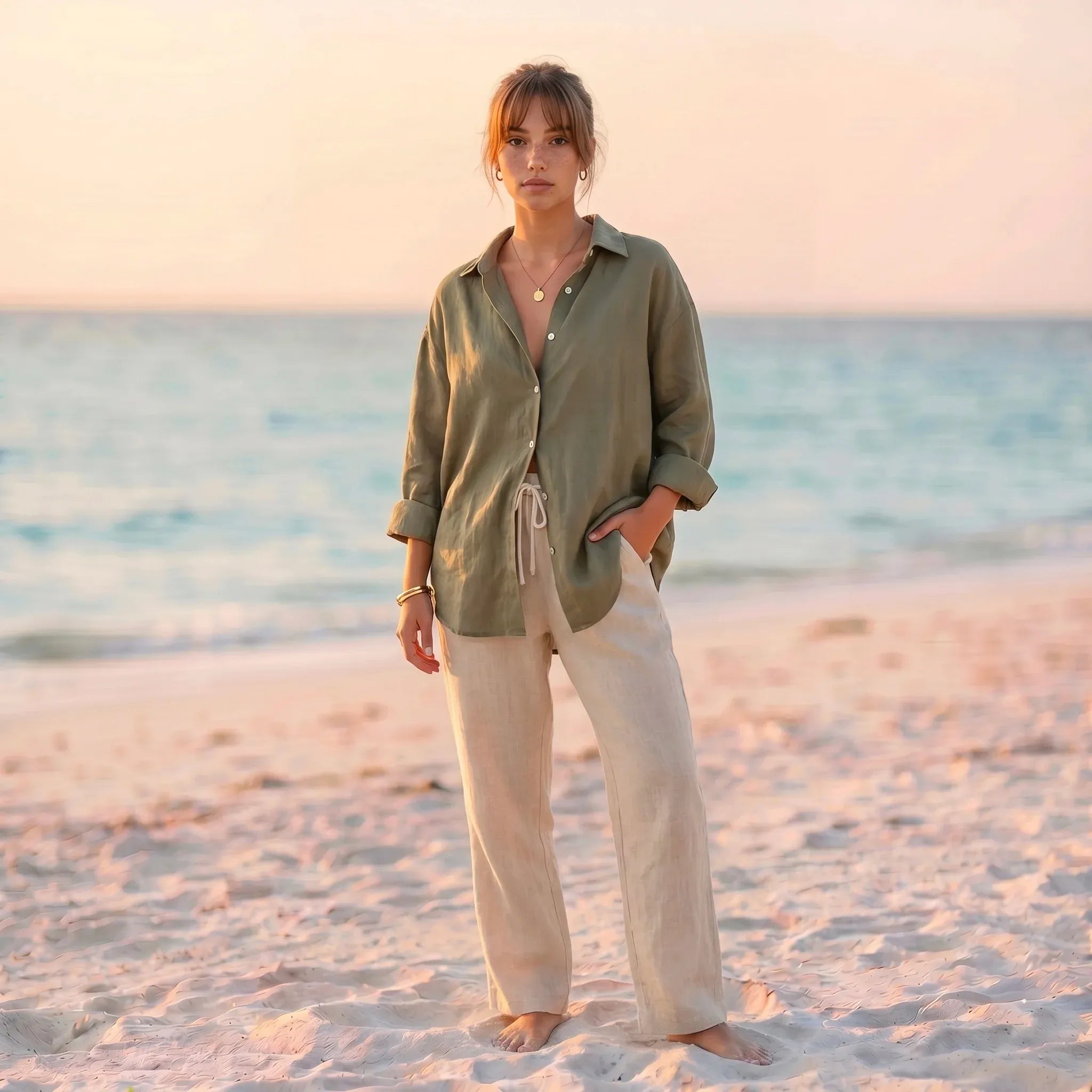 Women's Basic Linen Shirt - Olive