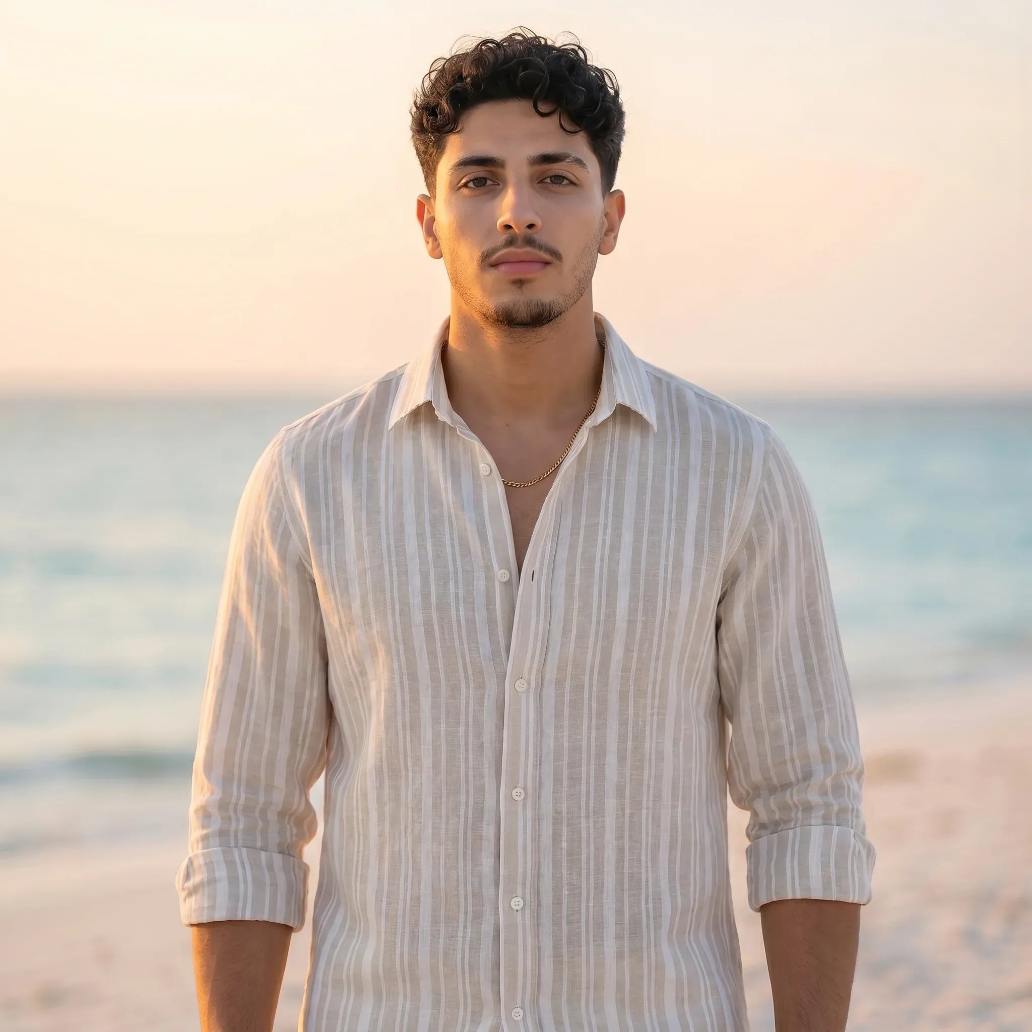 Men's Striped Linen Shirt - Beige and Off-white