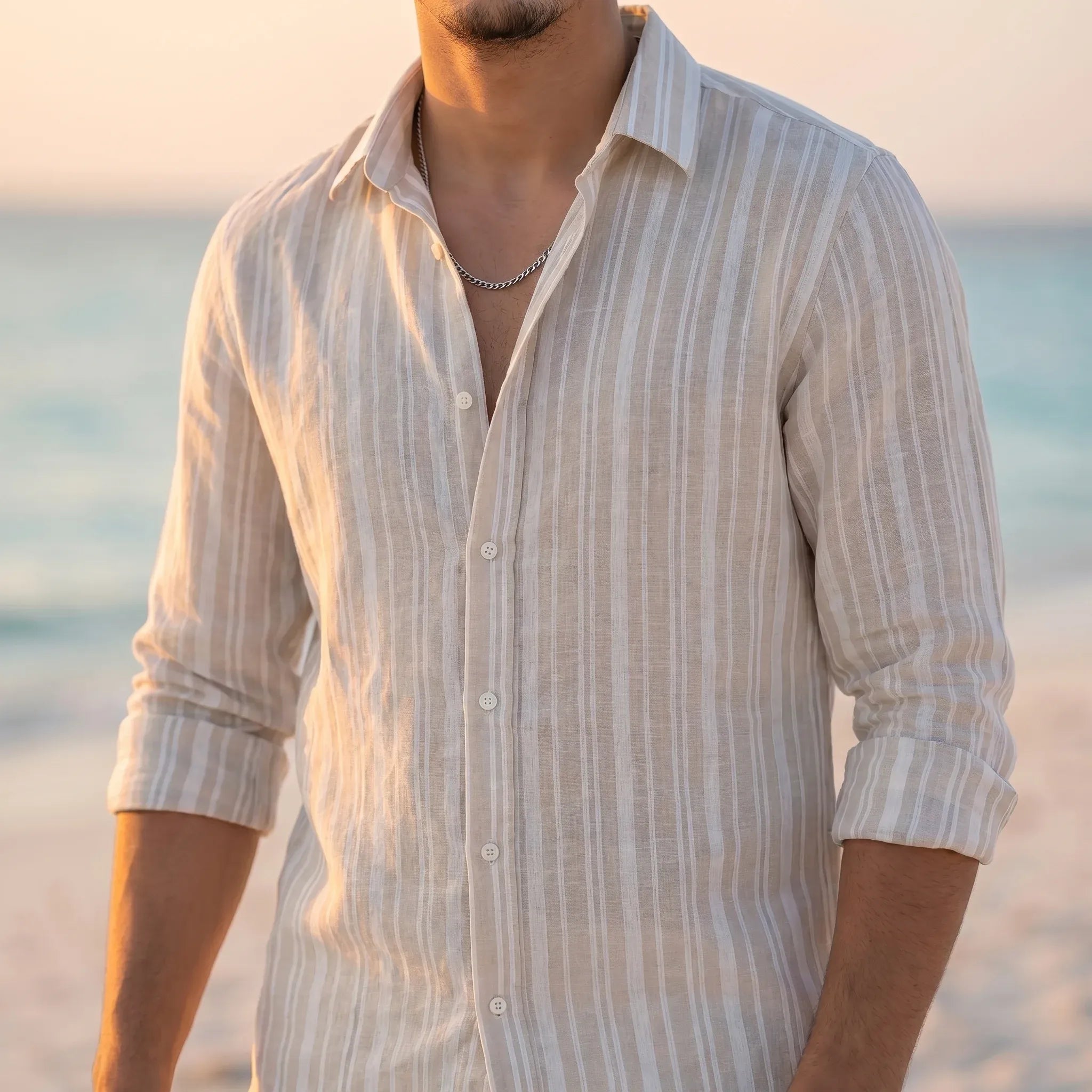 Men's Striped Linen Shirt - Beige and Off-white