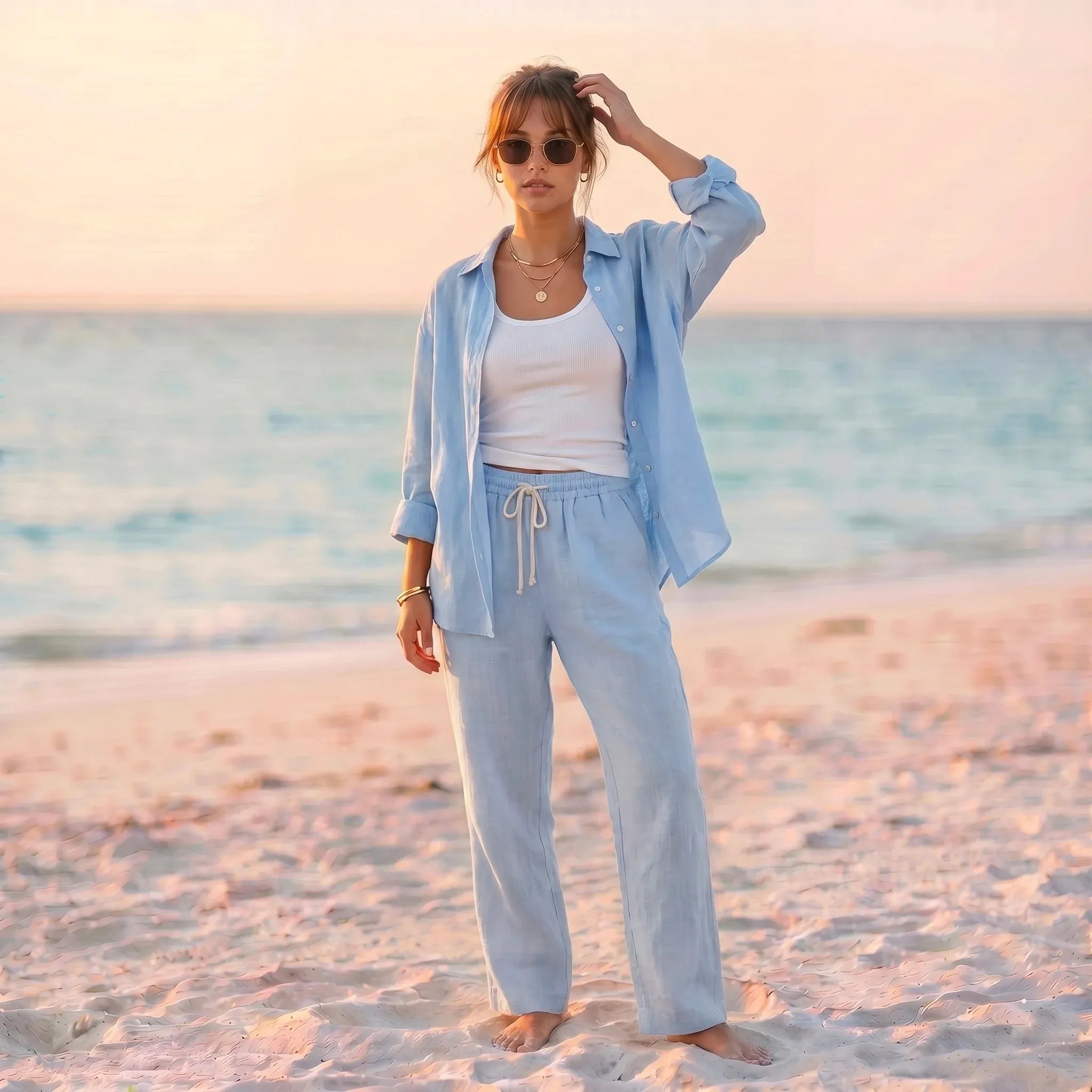 Women's Basic Linen Shirt - Baby Blue