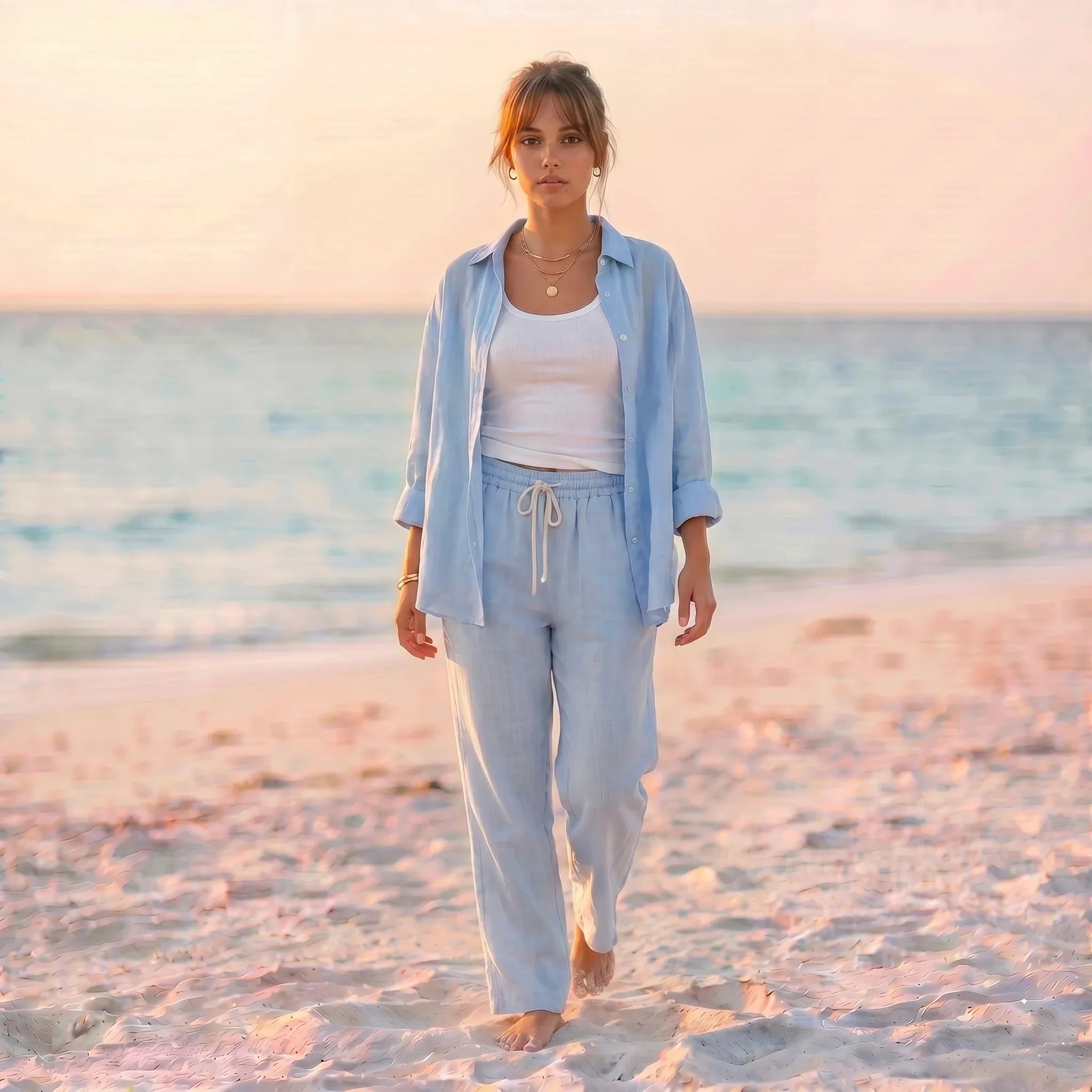 Women's Basic Linen Shirt - Baby Blue