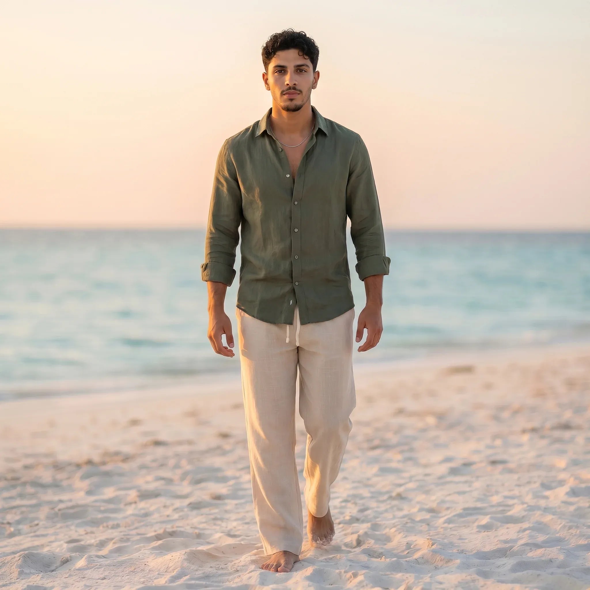 Men's Basic Linen Shirt - Olive