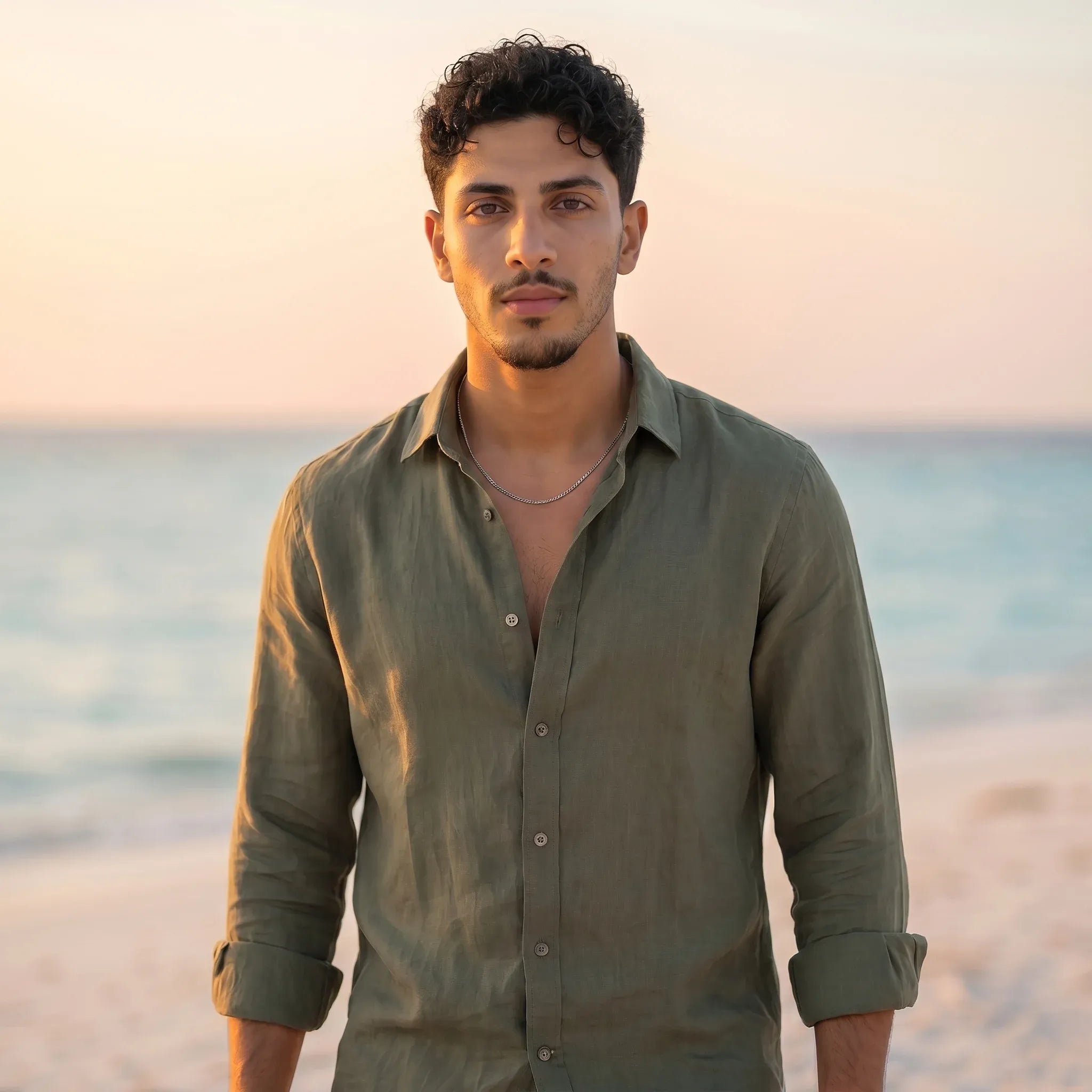 Men's Basic Linen Shirt - Olive