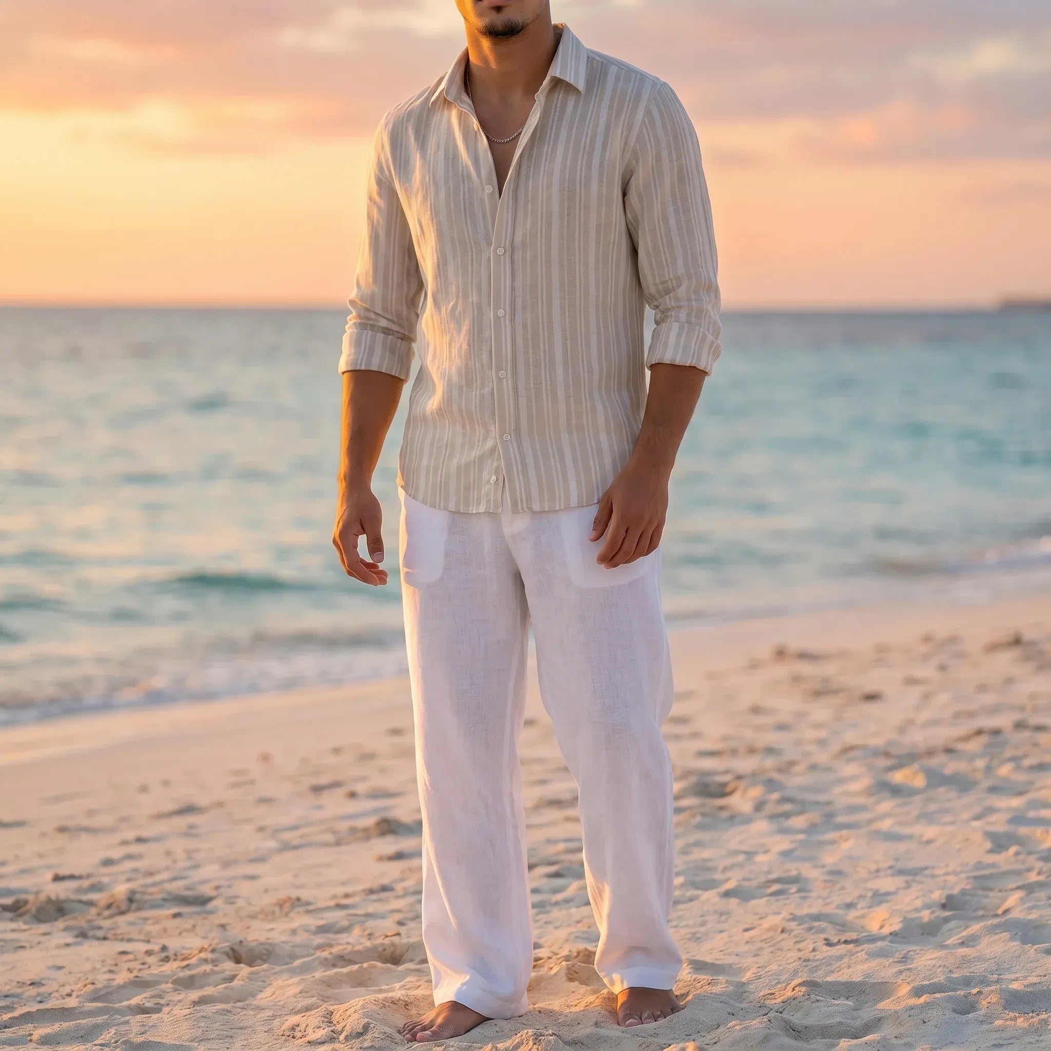 Men's Striped Linen Shirt - Beige and Off-white