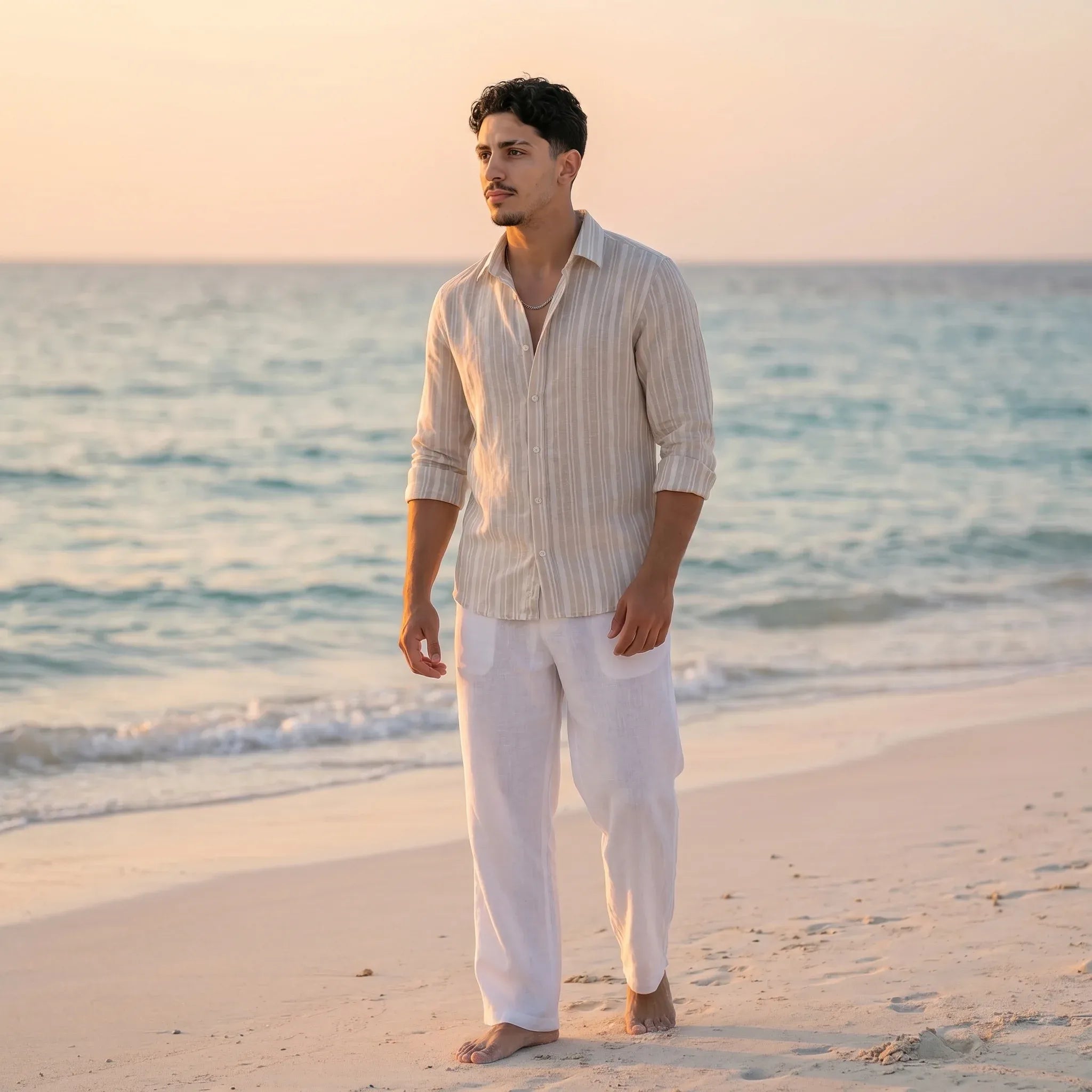 Men's Striped Linen Shirt - Beige and Off-white
