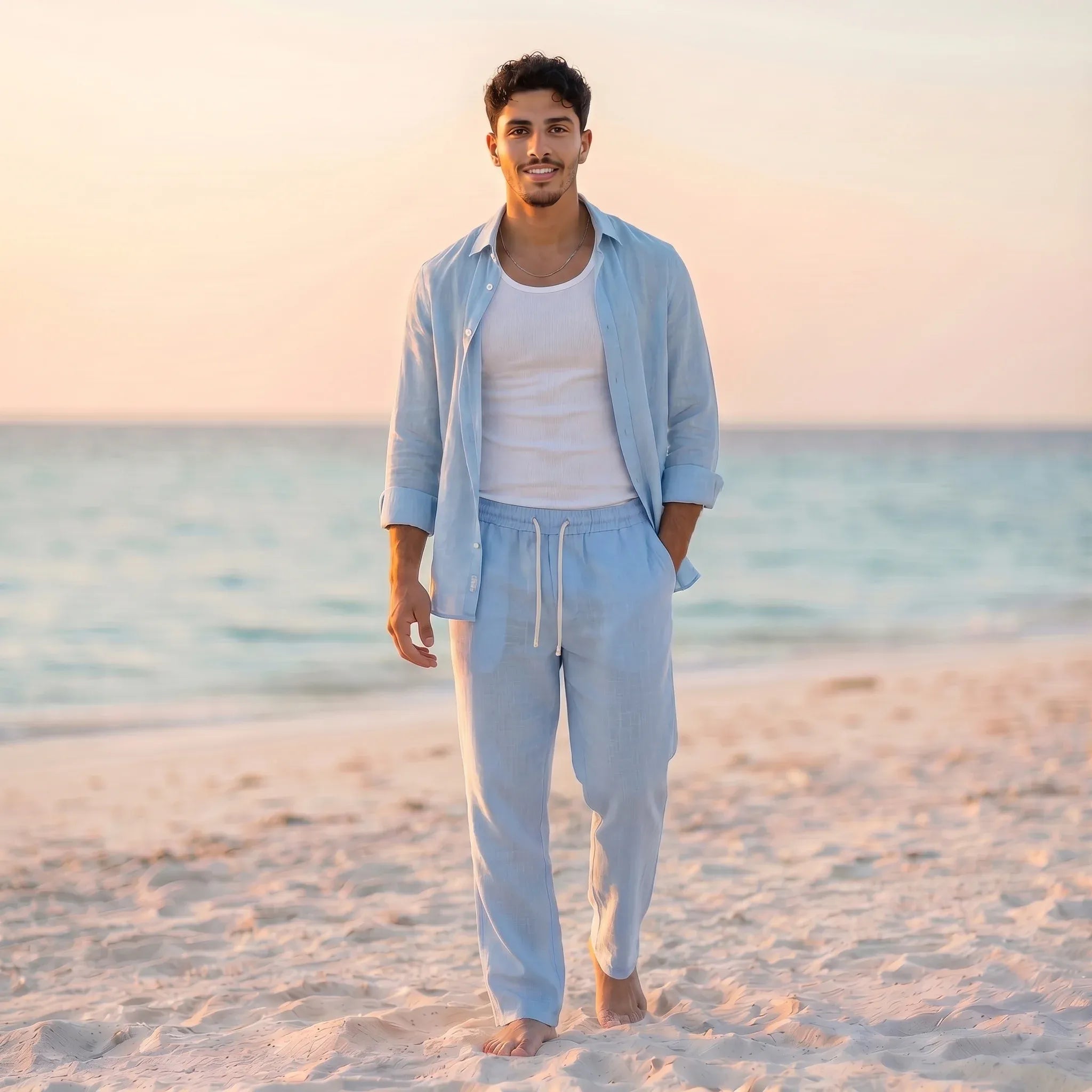 Men's Basic Linen Shirt - Baby Blue