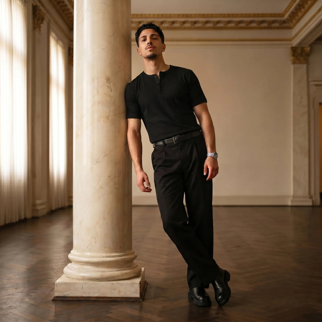 Short Sleeve Henley Shirt - Black