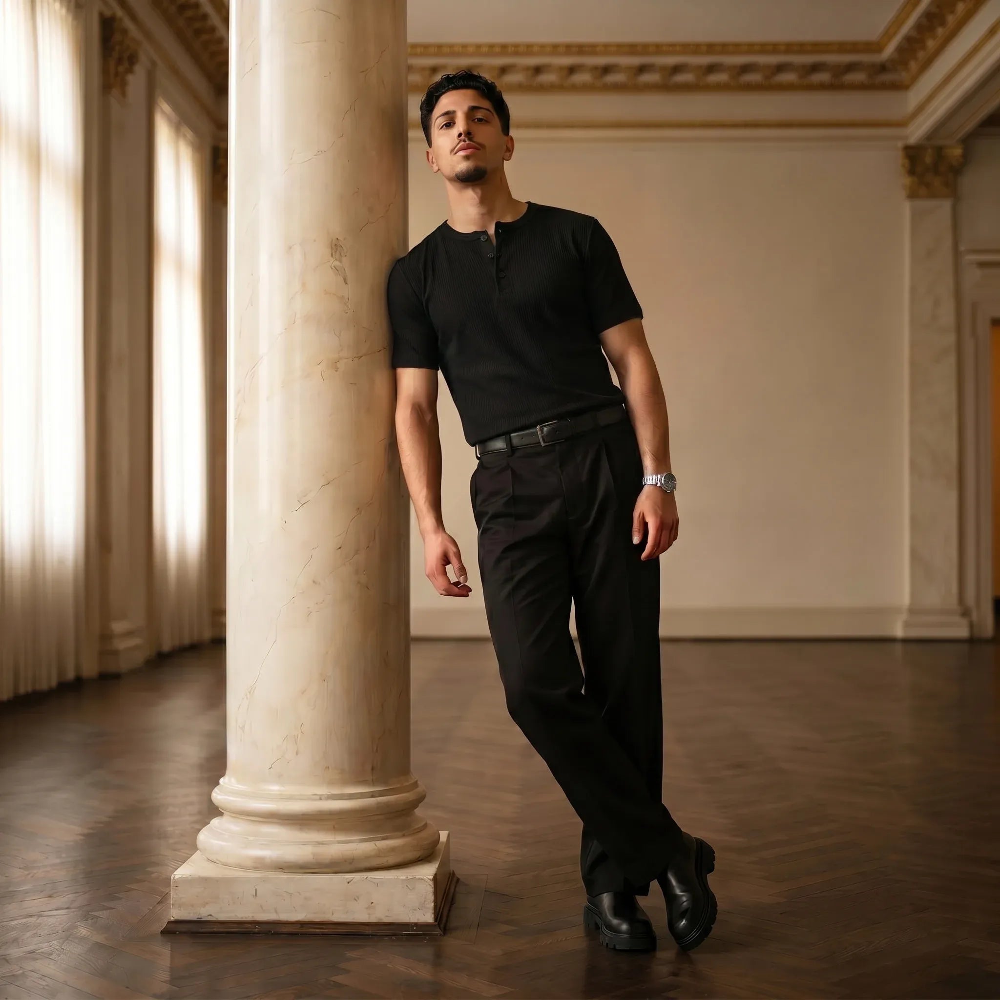 Short Sleeve Henley Shirt - Black