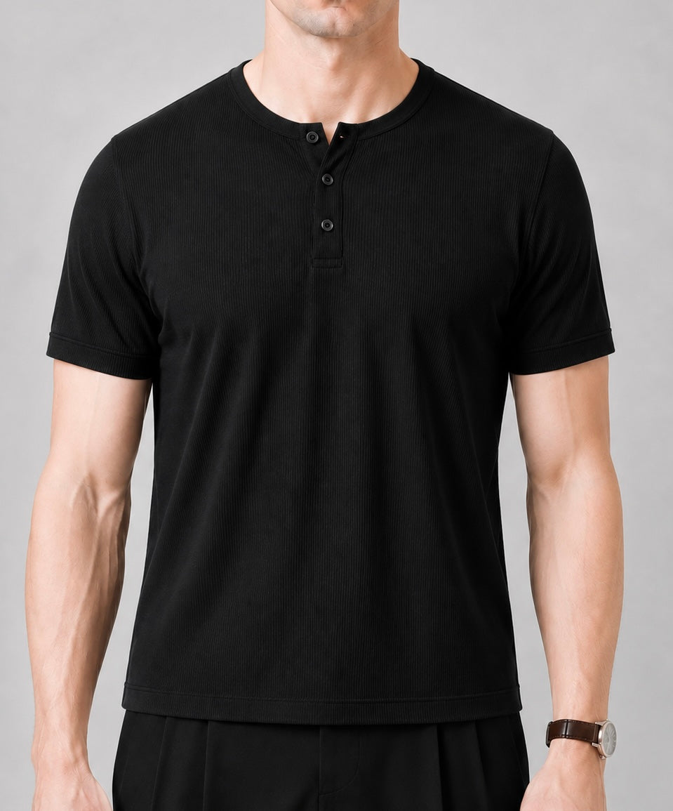 Short Sleeve Henley Shirt - Black