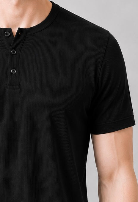 Short Sleeve Henley Shirt - Black