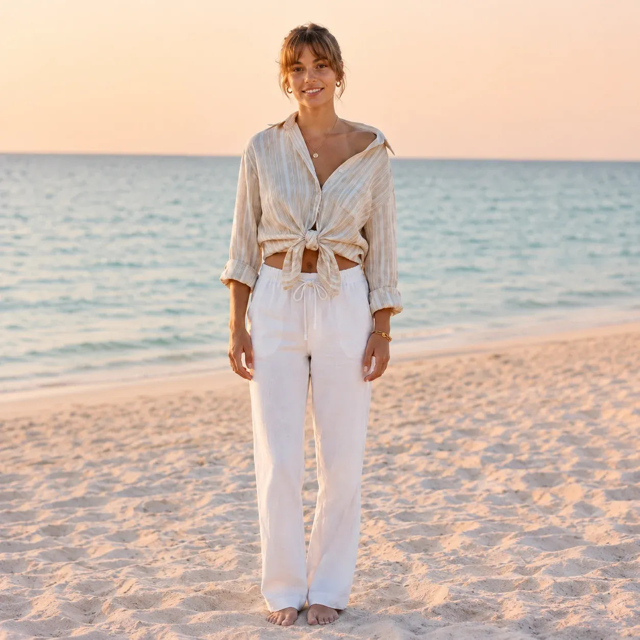 Women's Striped Linen Shirt - Beige and Off-white