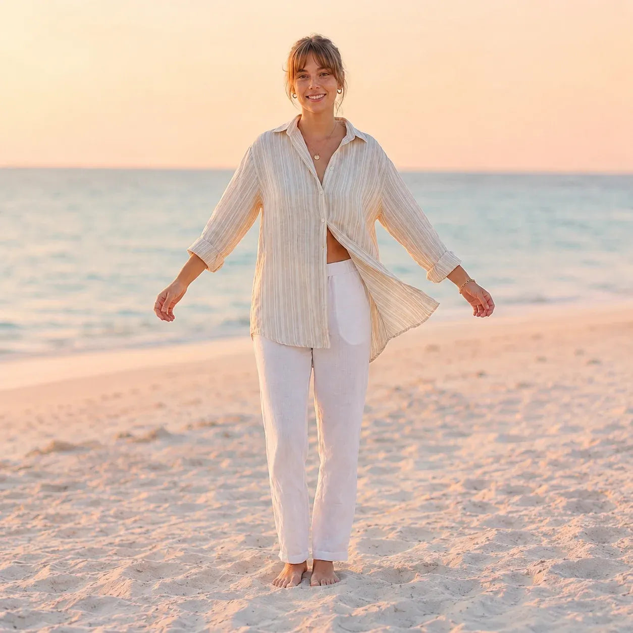 Women's Striped Linen Shirt - Beige and Off-white